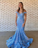 vigocouture-Emerald Green Off the Shoulder Prom Dresses Sequin Mermaid Evening Dress 21798-Prom Dresses-vigocouture-Light Blue-US2-