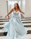 Emerald Green Satin Prom Dresses Spaghetti Strap Evening Gown 21970-Prom Dresses-vigocouture-Light Blue-US2-vigocouture