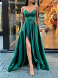 Emerald Green Strapless Prom Dresses With Slit Satin A-Line Evening Dress 21810-Prom Dresses-vigocouture-Green-US2-vigocouture
