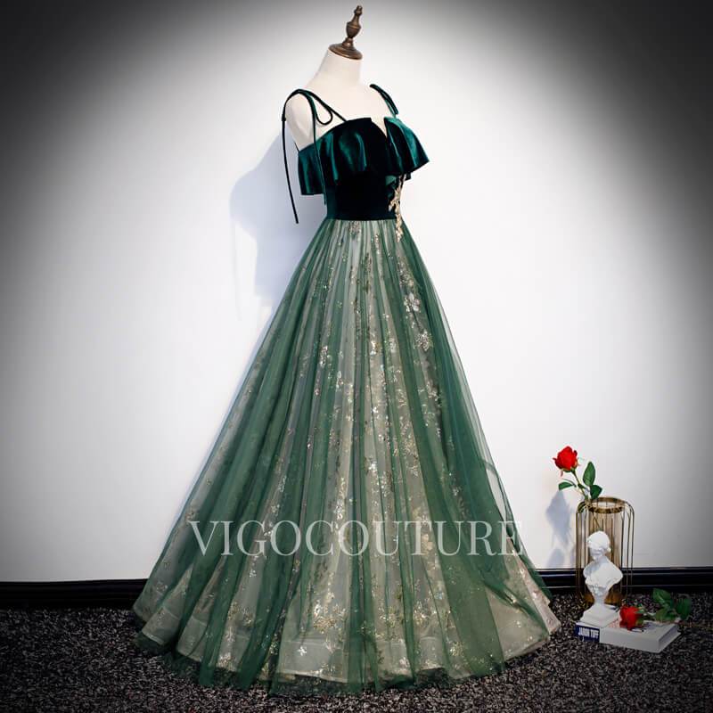 vigocouture-Emerald Spaghetti Strap Prom Dresses A-line Lace Prom Gown 20268-Prom Dresses-vigocouture-