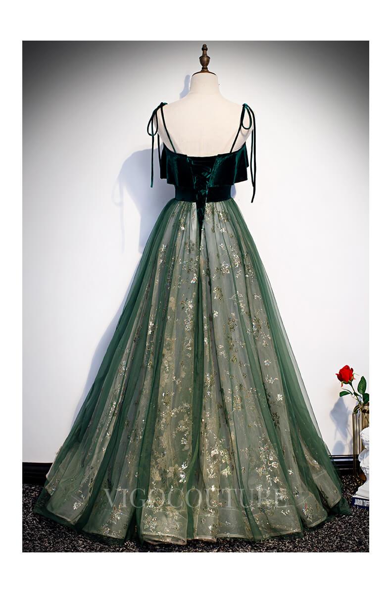 vigocouture-Emerald Spaghetti Strap Prom Dresses A-line Lace Prom Gown 20268-Prom Dresses-vigocouture-