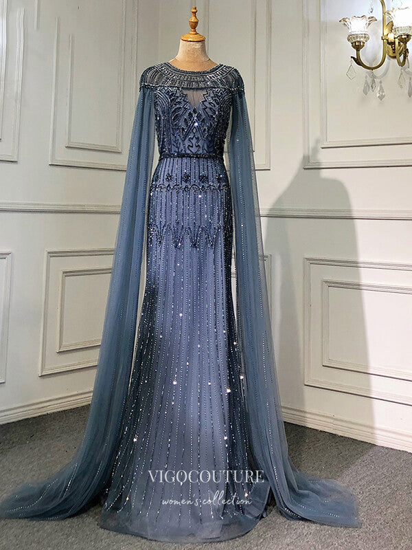 vigocouture-Extra Long Sleeve Formal Dresses Beaded Evening Dresses 21518-Prom Dresses-vigocouture-Blue-US2-