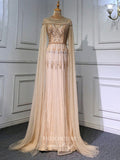 vigocouture-Extra Long Sleeve Formal Dresses Beaded Evening Dresses 21518-Prom Dresses-vigocouture-Champagne-US2-