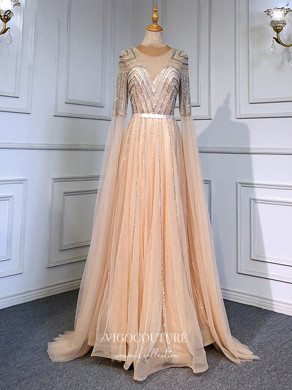 vigocouture-Extra Long Sleeve Formal Dresses Beaded Evening Dresses 21519-Prom Dresses-vigocouture-Champagne-US2-
