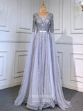 vigocouture-Extra Long Sleeve Formal Dresses Beaded Evening Dresses 21519-Prom Dresses-vigocouture-Silver-US2-