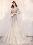 vigocouture-Extra Long Sleeves Beaded Prom Dresses Boatneck Beaded 20106-Prom Dresses-vigocouture-Silver-US2-
