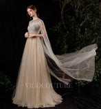 vigocouture-Extra Long Sleeves Beaded Prom Dresses Round Neck Beaded 20257-Prom Dresses-vigocouture-