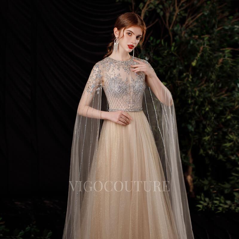 vigocouture-Extra Long Sleeves Beaded Prom Dresses Round Neck Beaded 20257-Prom Dresses-vigocouture-