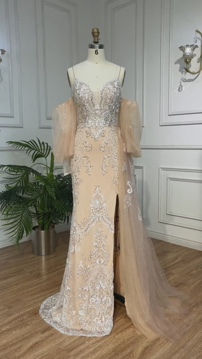 Champagne Sheath Prom Dresses with Slit Lace Applique Evening Dress 22136