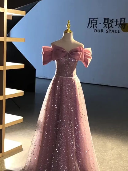 Stunning Pink Beaded Squin Prom Dress with Bow-Tie 22338