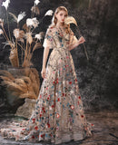 vigocouture-Floral Champagne Lace Prom Dress 20917-Prom Dresses-vigocouture-