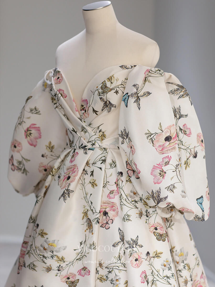 vigocouture-Floral Print Lace Prom Dresses Puffed Sleeve Formal Gown 21026-Prom Dresses-vigocouture-