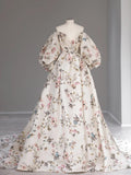 Floral Print Lace Prom Dresses with Chapel Train Puffed Sleeve Formal Gown 21026