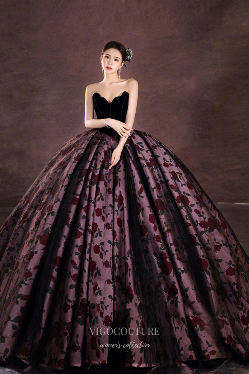 Floral Print Satin Prom Dresses Off the Shoulder Quinceanera Dress 21905-Prom Dresses-vigocouture-Black-US2-vigocouture