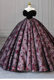 Floral Print Satin Prom Dresses Off the Shoulder Quinceanera Dress 21905-Prom Dresses-vigocouture-Black-US2-vigocouture