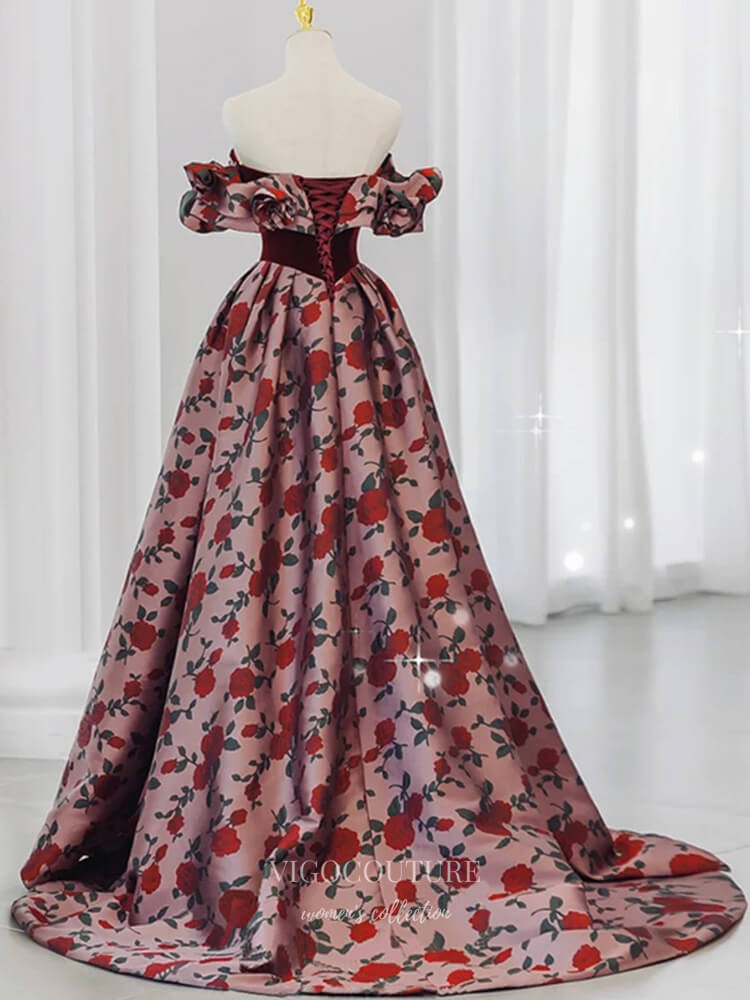 Floral Satin Prom Dresses Off the Shoulder Formal Gown 21902-Prom Dresses-vigocouture-As Pictured-US2-vigocouture