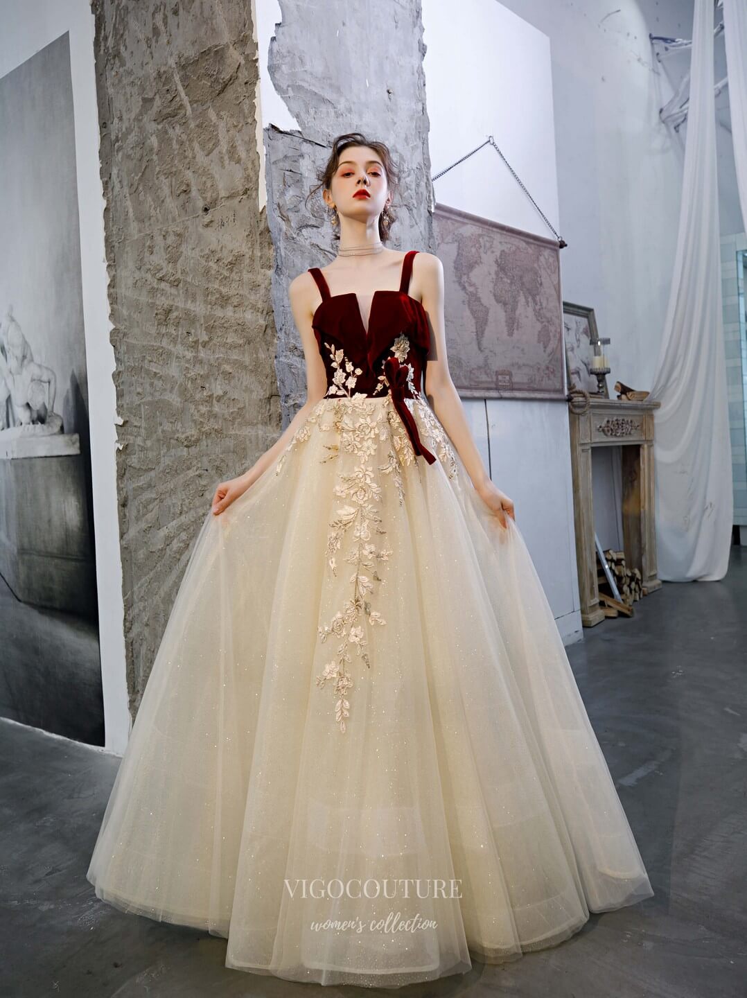 vigocouture-Floral Spaghetti Strap Prom Dress 20210-Prom Dresses-vigocouture-Champagne-US2-