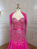 Fuchsia Beaded Prom Dresses Long Sleeve Sweetheart Neck Evening Dress 22124-Prom Dresses-vigocouture-Fuchsia-US2-vigocouture