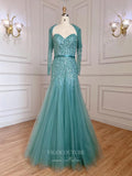 Fuchsia Beaded Prom Dresses Long Sleeve Sweetheart Neck Evening Dress 22124-Prom Dresses-vigocouture-Green-US2-vigocouture