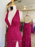 Fuchsia Mermaid Sequin Prom Dresses with Slit Plunging V-Neck Evening Dress 21934-Prom Dresses-vigocouture-Fuchsia-US2-vigocouture