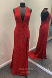 Fuchsia Mermaid Sequin Prom Dresses with Slit Plunging V-Neck Evening Dress 21934-Prom Dresses-vigocouture-Red-US2-vigocouture