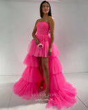 Fuchsia Ruffled Tulle Prom Dresses Strapless High-Low Formal Gown 21887-Prom Dresses-vigocouture-Lavender-US2-vigocouture