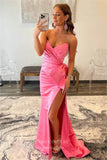 Fuchsia Satin Prom Dresses with Slit Mermaid Sweetheart Neck Evening Dress 21921-Prom Dresses-vigocouture-Pink-US2-vigocouture