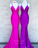 Fuchsia Satin Prom Dresses With Slit Mermaid V-Neck Evening Dress 21856-Prom Dresses-vigocouture-Fuchsia-US2-vigocouture