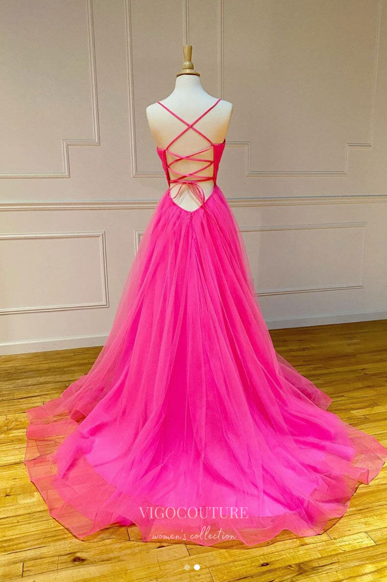 vigocouture-Fuchsia Spaghetti Strap Prom Dresses Pleated Tulle Evening Dress 21691-Prom Dresses-vigocouture-