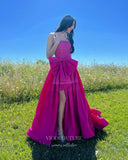 Fuchsia Strapless Prom Dresses with Slit Bow-Tie Evening Dress 21701-Prom Dresses-vigocouture-Fuchsia-US2-vigocouture