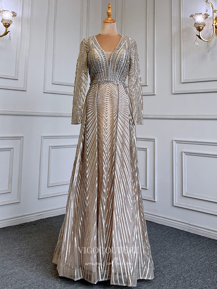 Geometric Lace Prom Dresses Long Sleeve Mother of the Bride Dresses 22069-Prom Dresses-vigocouture-Taupe-US2-vigocouture