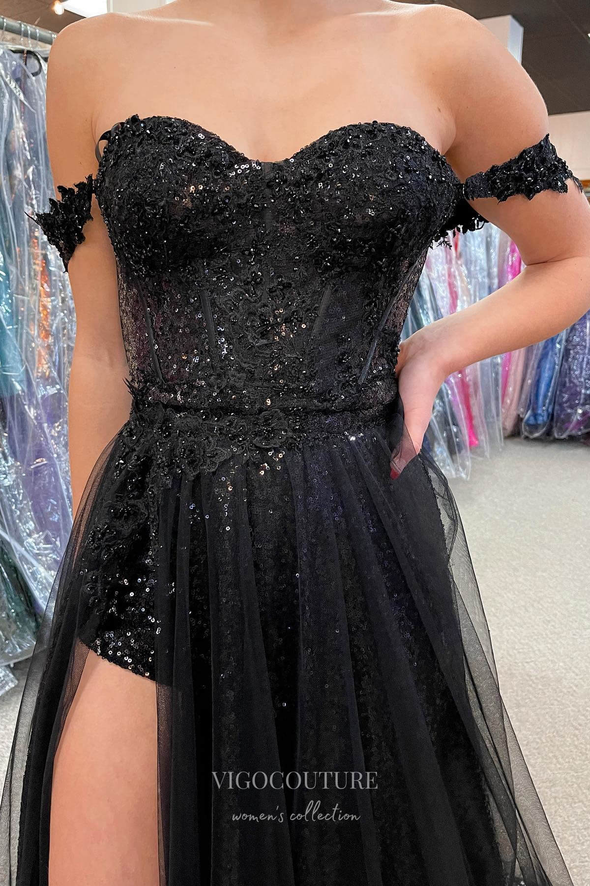 Glamorous Black Off-Shoulder Sequin Lace Prom Dress with High Slit 22206-Prom Dresses-vigocouture-Black-Custom Size-vigocouture