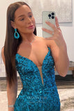 Glamorous Mermaid Sequin Prom Dress: A Daring Plunging V-Neck and Flirtatious High Slit 22230-Prom Dresses-vigocouture-Blue-Custom Size-vigocouture