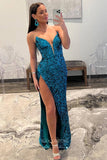 Glamorous Mermaid Sequin Prom Dress: A Daring Plunging V-Neck and Flirtatious High Slit 22230-Prom Dresses-vigocouture-Blue-Custom Size-vigocouture