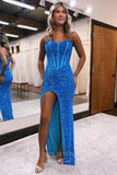Glittering Mermaid Prom Dress: Strapless Sequin Gown with Sexy Thigh-High Slit 22179-Prom Dresses-vigocouture-Blue-Custom Size-vigocouture