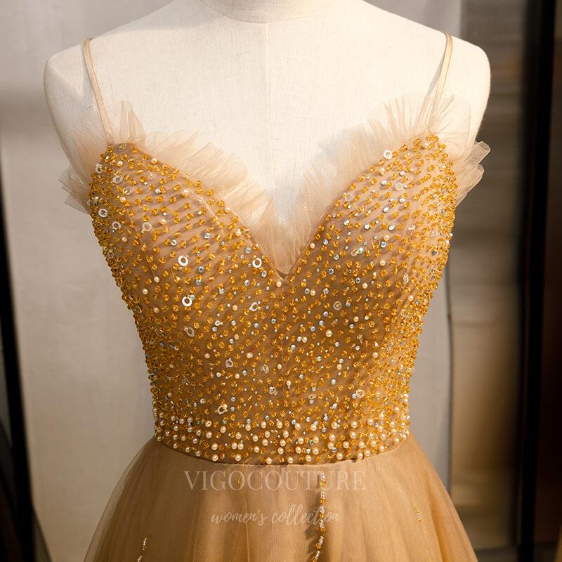 vigocouture-Gold Beaded Prom Dress 2022 Spaghetti Strap Party Dress 20552-Prom Dresses-vigocouture-