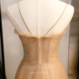 vigocouture-Gold Beaded Prom Dress 2022 Spaghetti Strap Party Dress 20552-Prom Dresses-vigocouture-