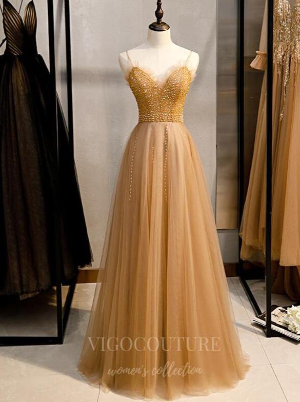 vigocouture-Gold Beaded Prom Dress 2022 Spaghetti Strap Party Dress 20552-Prom Dresses-vigocouture-Gold-US2-