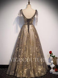 vigocouture-Gold Beaded Prom Gown Spaghetti Strap Prom Dress 20293-Prom Dresses-vigocouture-