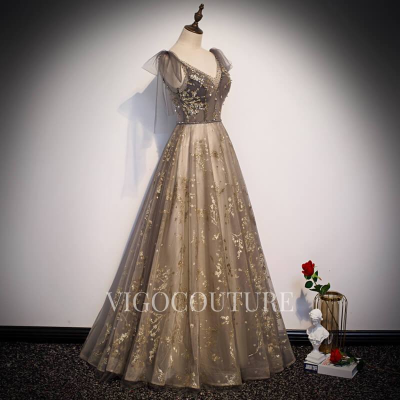vigocouture-Gold Beaded Prom Gown Spaghetti Strap Prom Dress 20293-Prom Dresses-vigocouture-