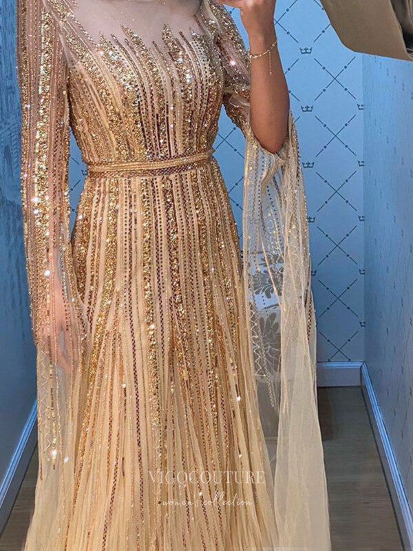 vigocouture-Gold Extra Long Sleeve Prom Dresses Beaded Formal Dresses 21305-Prom Dresses-vigocouture-