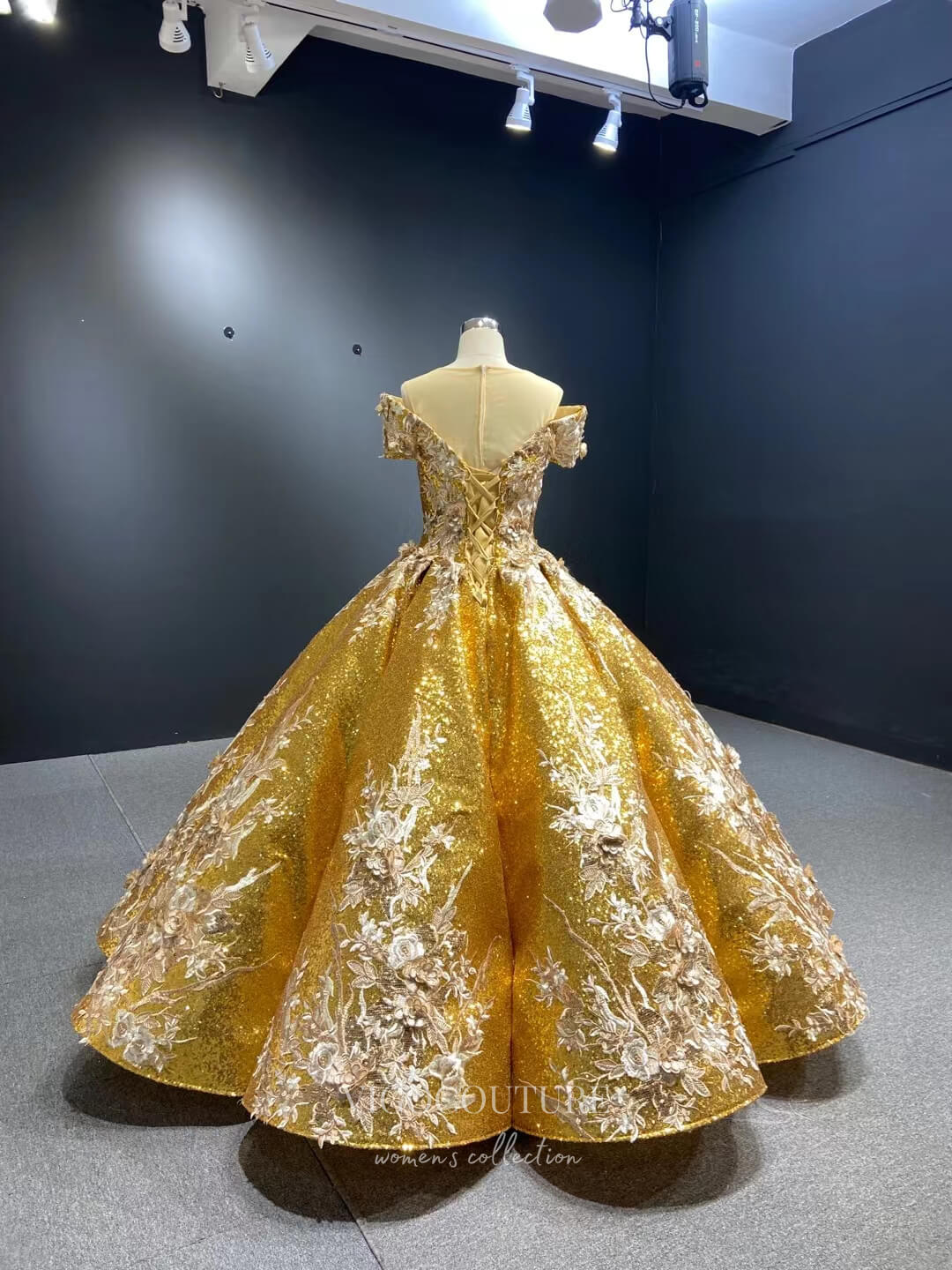 vigocouture-Gold Lace Applique Ball Gown Sequin Formal Dresses 66536C-Prom Dresses-vigocouture-