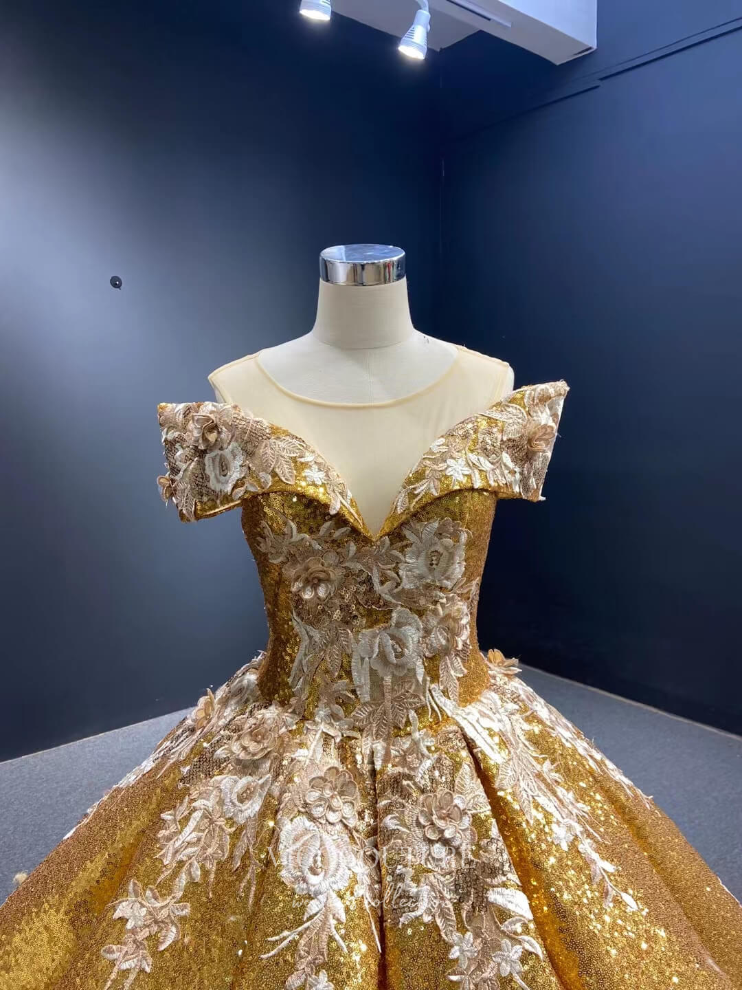 vigocouture-Gold Lace Applique Ball Gown Sequin Formal Dresses 66536C-Prom Dresses-vigocouture-