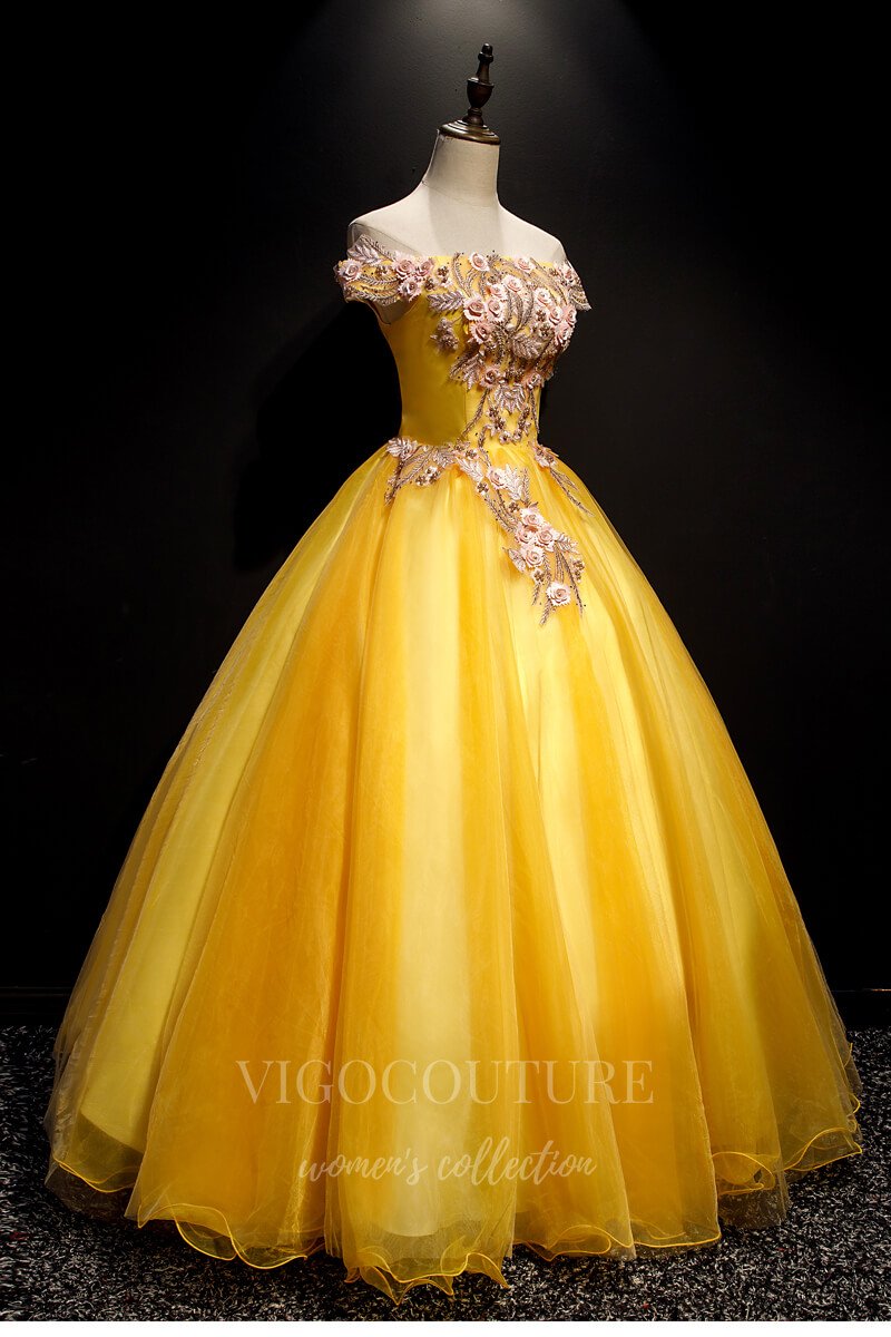vigocouture-Gold Lace Applique Quinceanera Dresses Off the Shoulder Ball Gown 20409-Prom Dresses-vigocouture-