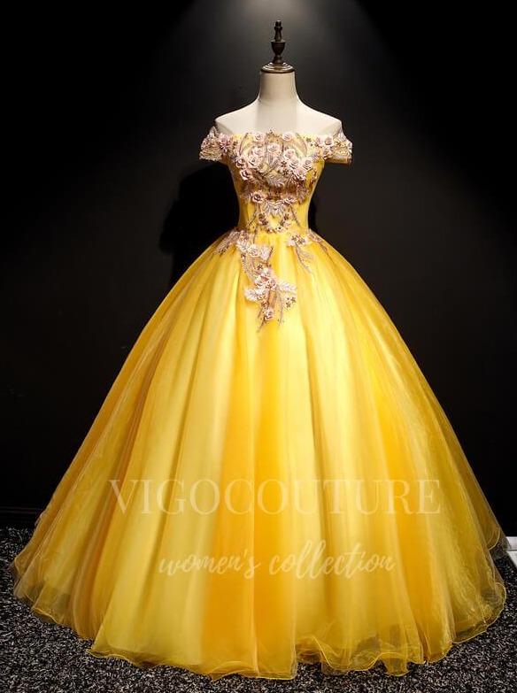 vigocouture-Gold Lace Applique Quinceanera Dresses Off the Shoulder Ball Gown 20409-Prom Dresses-vigocouture-Gold-Custom Size-