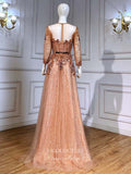 vigocouture-Gold Long Sleeve Formal Dresses Beaded Round Neck Evening Dresses 21527-Prom Dresses-vigocouture-