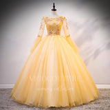 vigocouture-Gold Long Sleeve Quinceañera Dresses Lace Applique Ball Gown 20462-Prom Dresses-vigocouture-