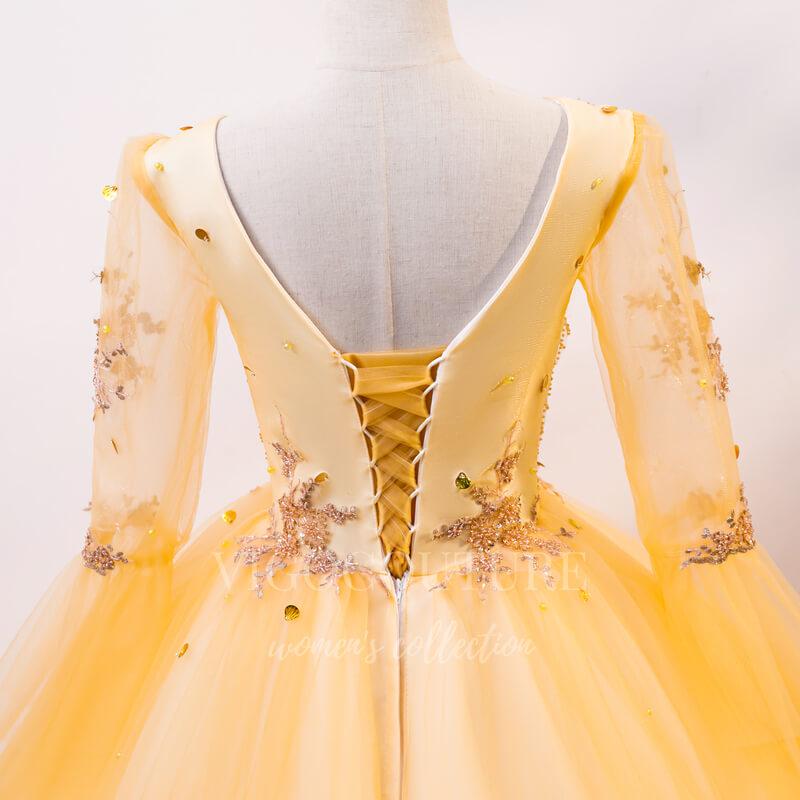 vigocouture-Gold Long Sleeve Quinceañera Dresses Lace Applique Ball Gown 20462-Prom Dresses-vigocouture-
