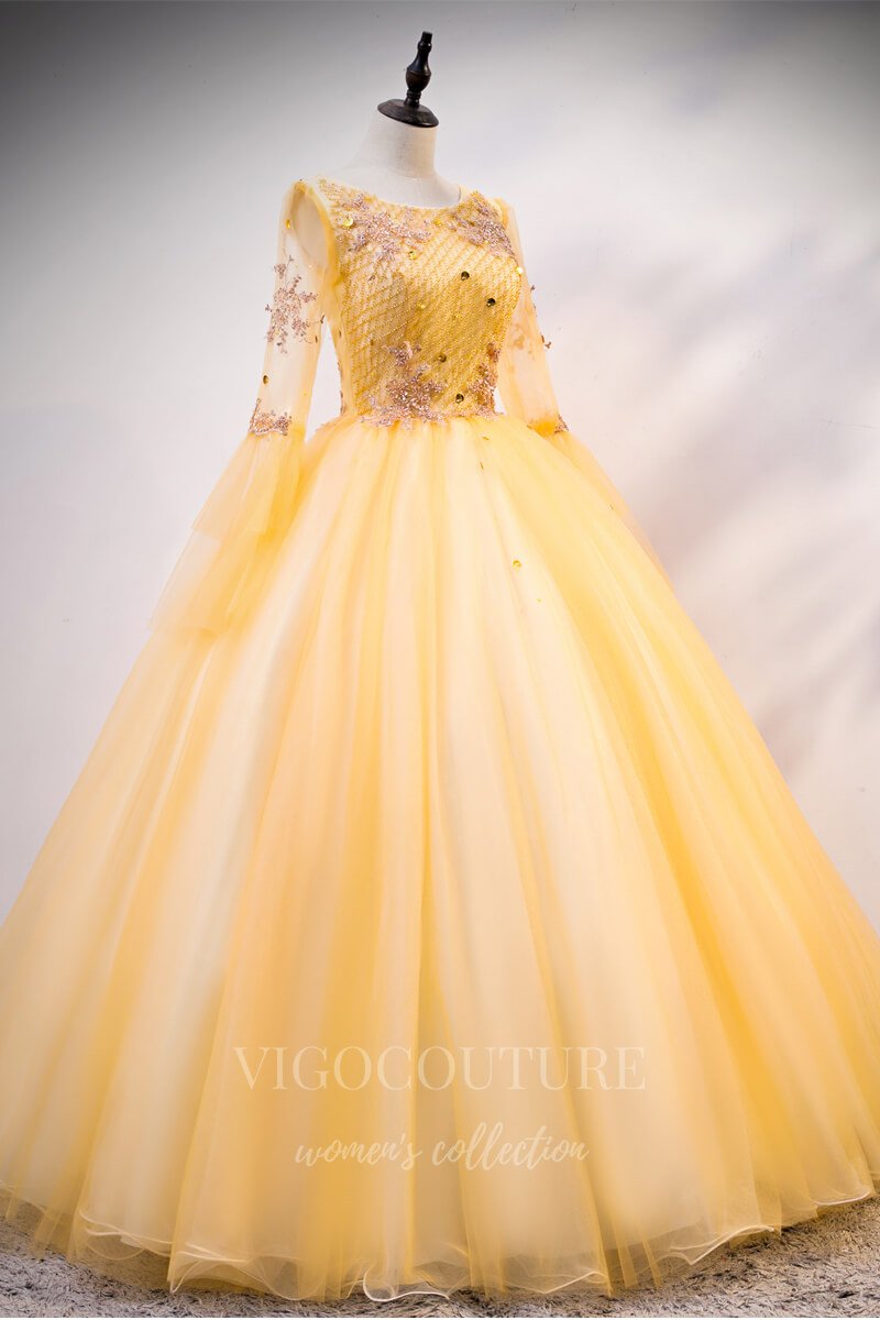 vigocouture-Gold Long Sleeve Quinceañera Dresses Lace Applique Ball Gown 20462-Prom Dresses-vigocouture-Gold-Custom Size-