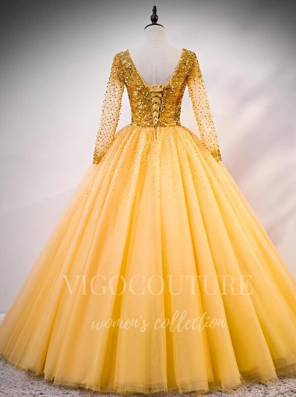 vigocouture-Gold Long Sleeve Quinceanera Dresses Sequin Ball Gown 20413-Prom Dresses-vigocouture-
